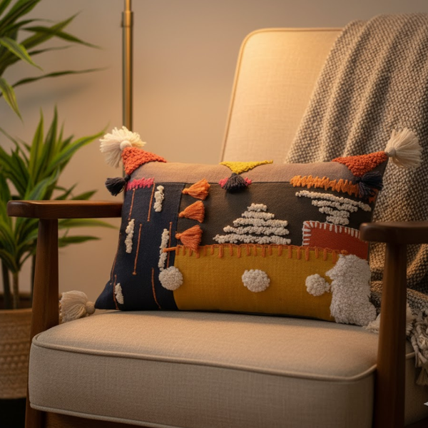 Grey Embroidered Lumbar Cushion Cover | Abstract Tasseled Cotton Decor