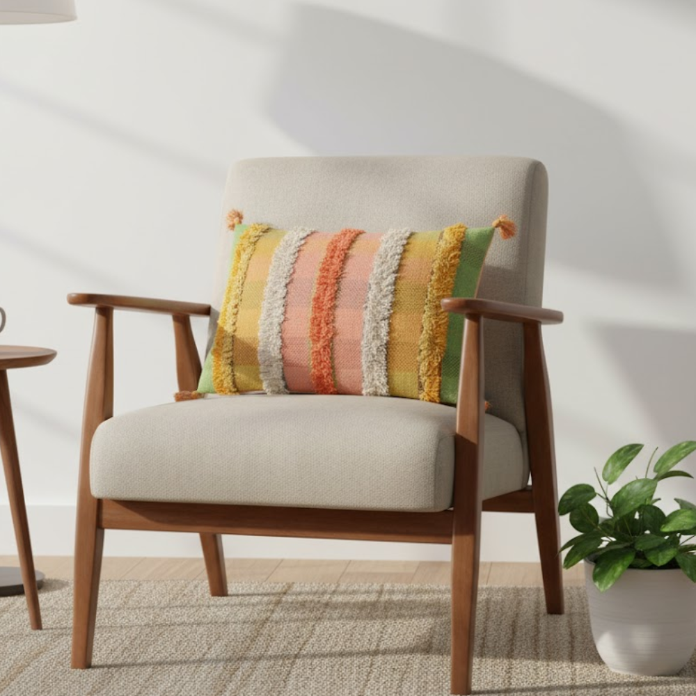 Hand Tufted Striped Cotton Tasseled Cushion Cover – Artisan Cotton Cushion Cover for Modern Homes