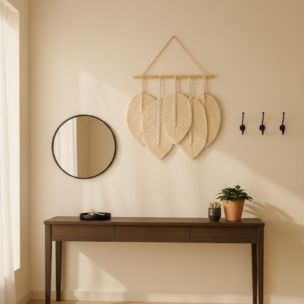 Feathered Macrame Leaf Wall Hanging – Handmade Boho Cotton Wall Décor