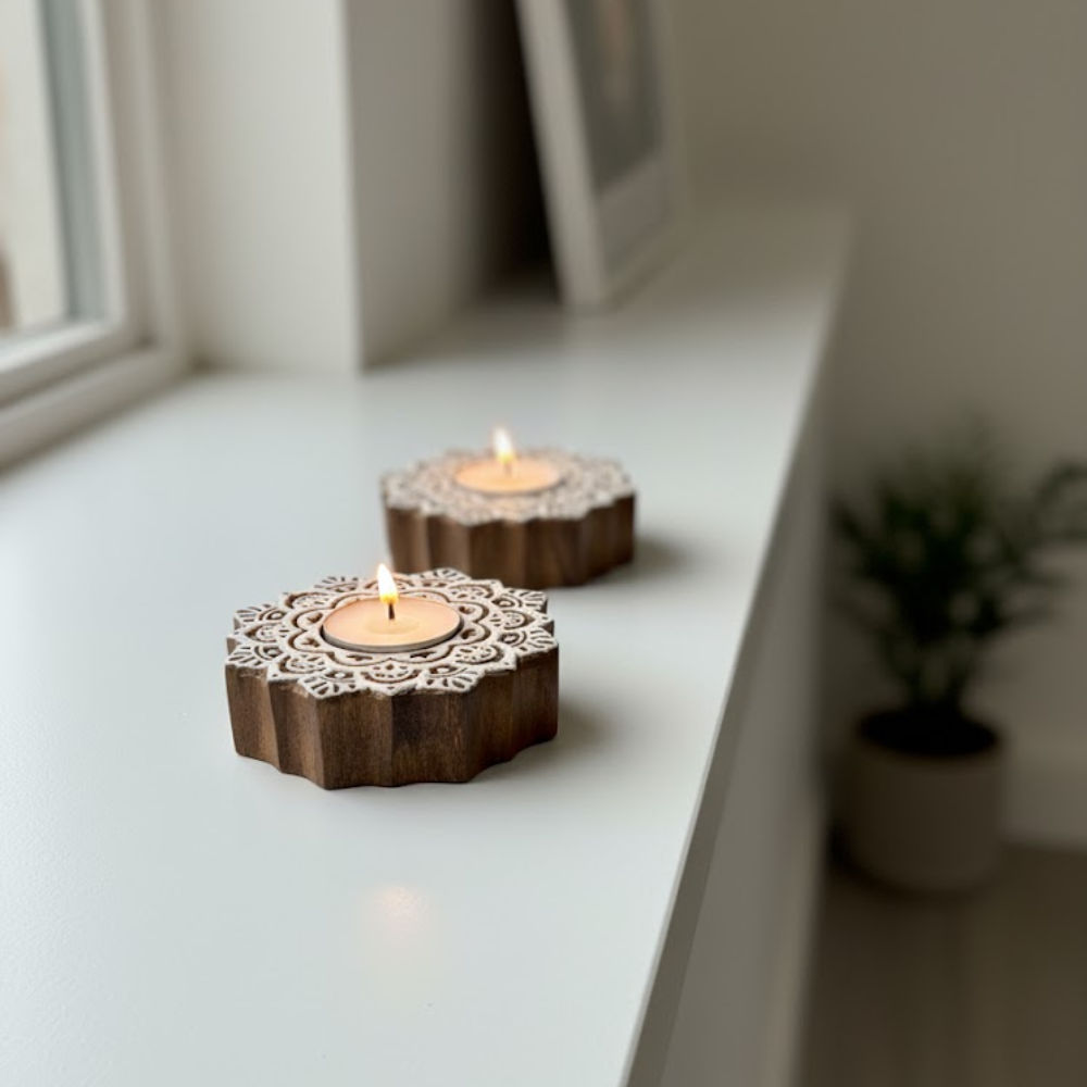 Hand Carved Wooden Mandala Tealight Holders (Set of 2) – Artisan Candle Holders with Intricate Mandala Design