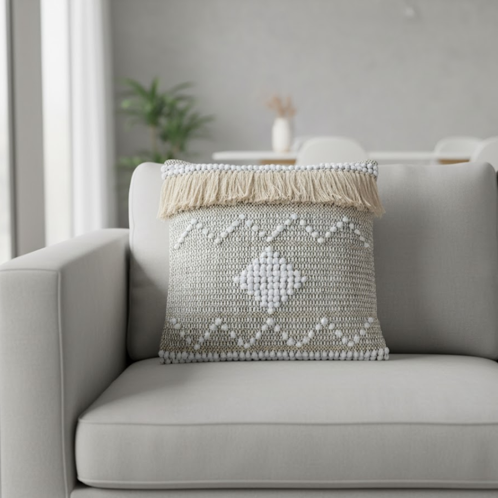 Ivory Accents Cotton Cushion Cover – Handwoven Grey Sofa Cushion Cover with Concealed Zip