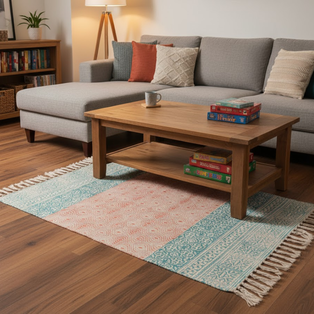 Art Deco Cotton Rug with Tassels – Handwoven Artisan Cotton Rug with Geometric Detailing