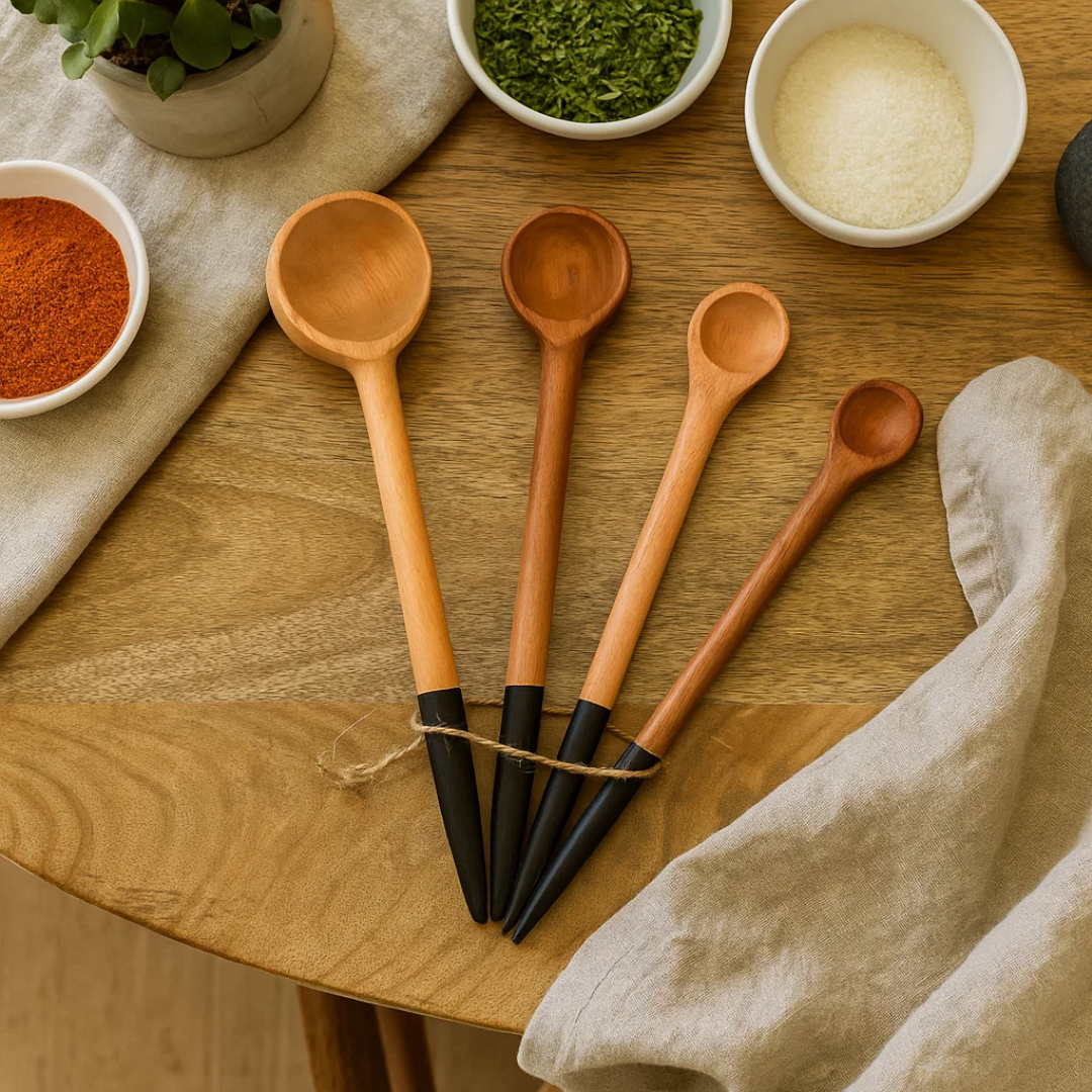 Hand Carved Neem Wood Black Measuring Spoons (Set of 4)