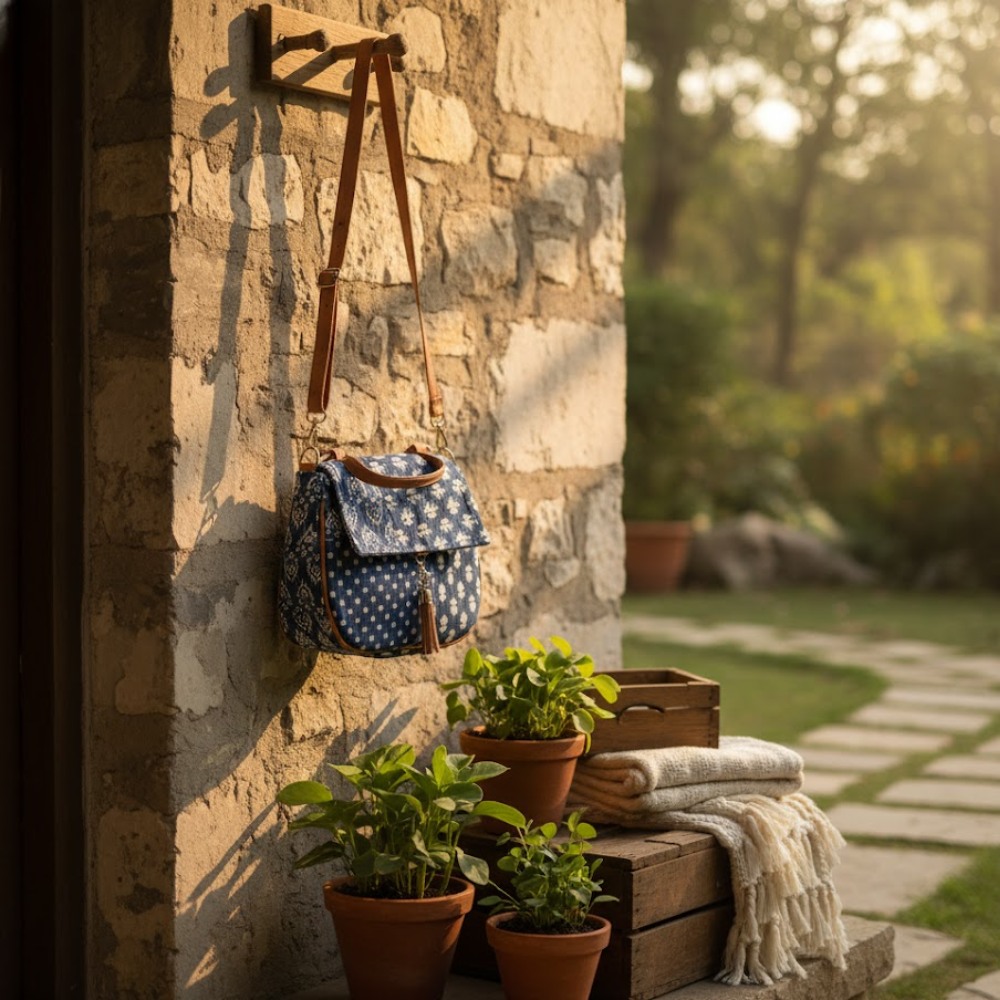 Floral Indigo Printed Handbag with Tassel