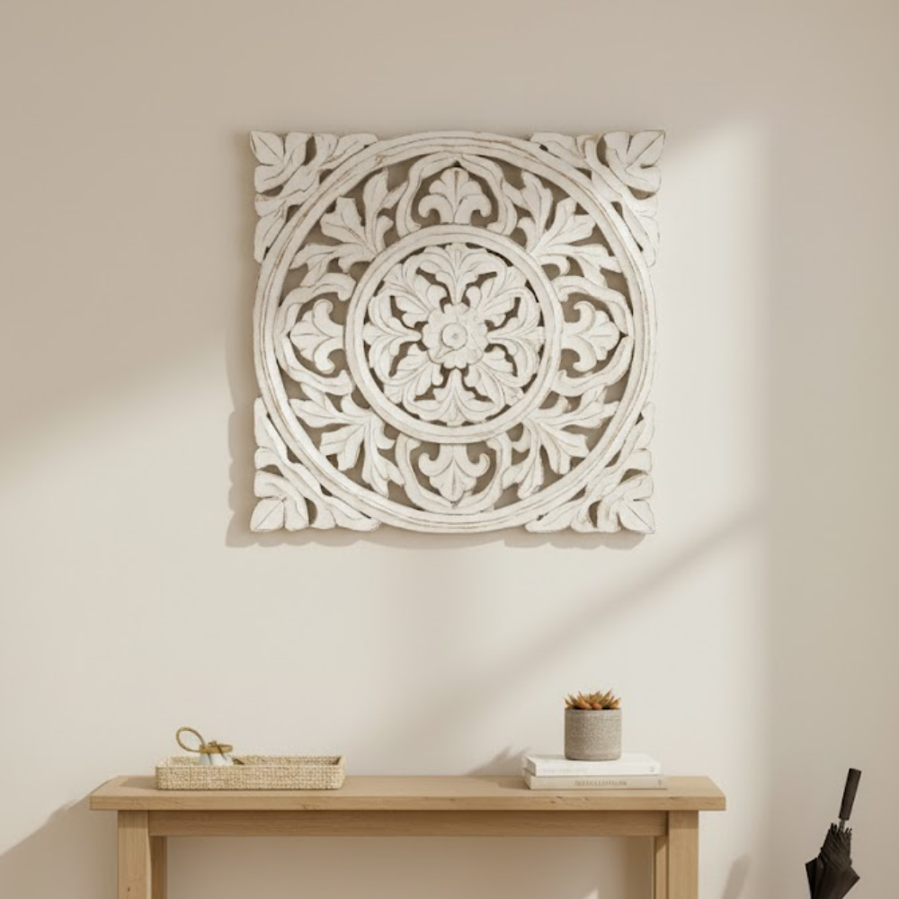 Ivory Medallion Distressed Wall Plaque – Vintage Carved Boho Wall Décor