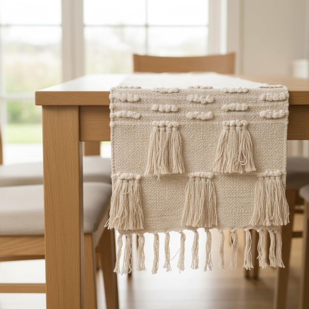 Handwoven Cotton Table Runner – Artisan Beige Dining Table Runner in 100% Cotton