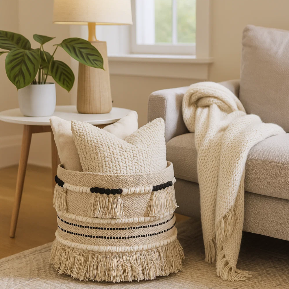 Jute & Fringed Cotton Basket – Handwoven Eco-Friendly Cotton Basket