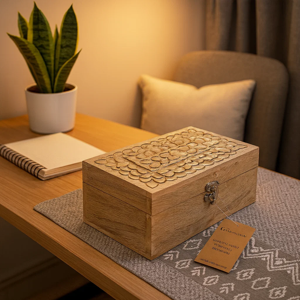 Hand Carved Wooden Keepsake Box – Eco-Friendly
