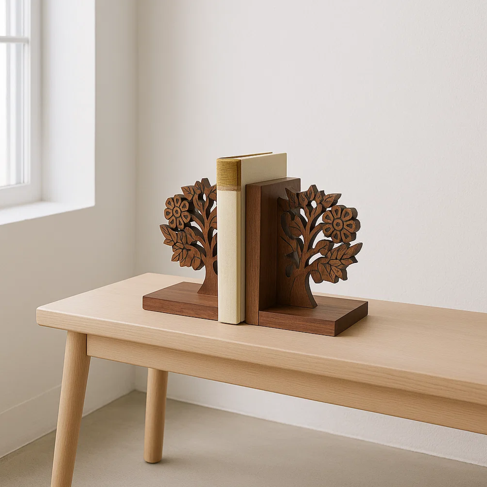 Hand Carved Solid Wood Tree Bookends (Set of 2) – Rustic Artisan Wooden Bookends with Tree Motif