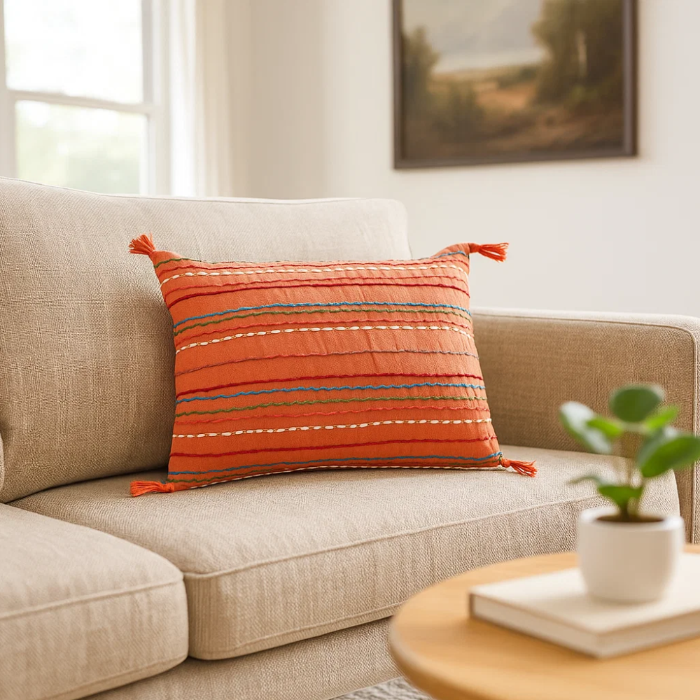 Striped & Tasseled Slub Coral Lumbar Cotton Cushion Cover – Hand-Embroidered Sofa Cushion Cover