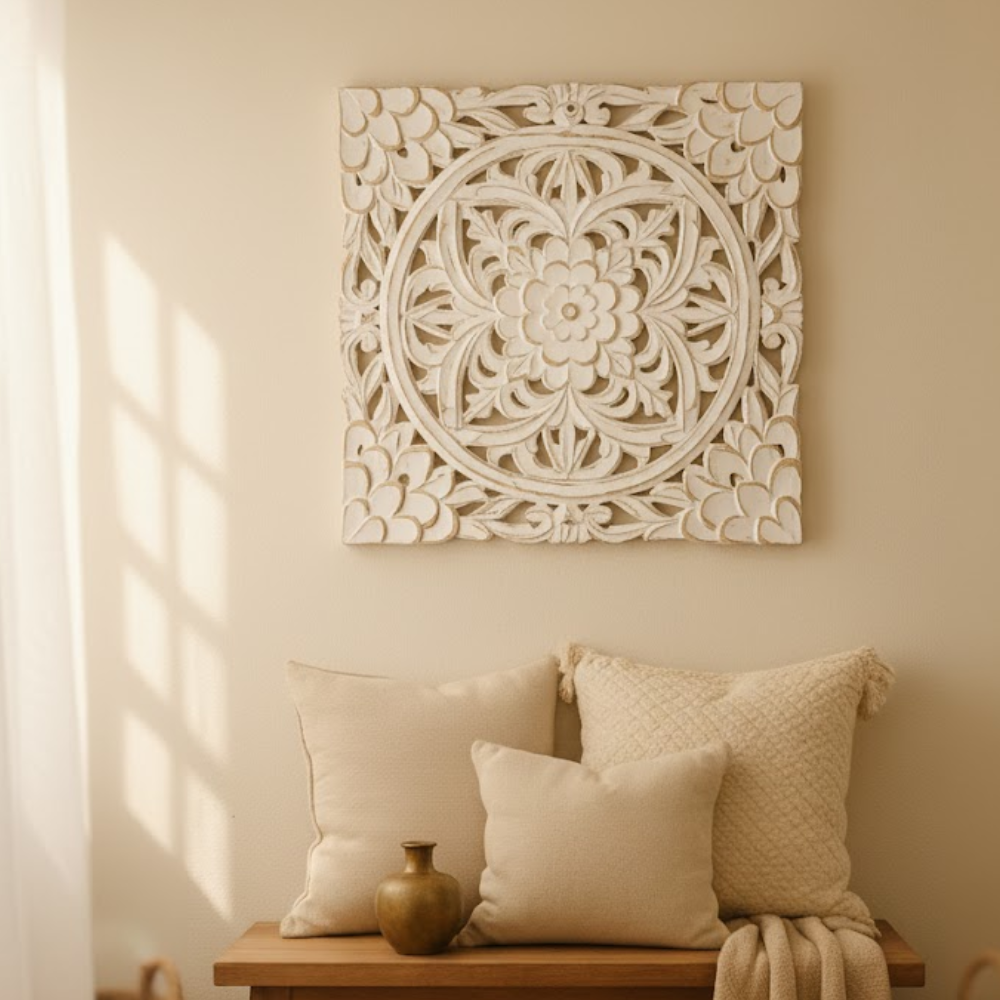 White Medallion Distressed Wall Plaque – Handcrafted Boho Vintage Floral Wall Décor