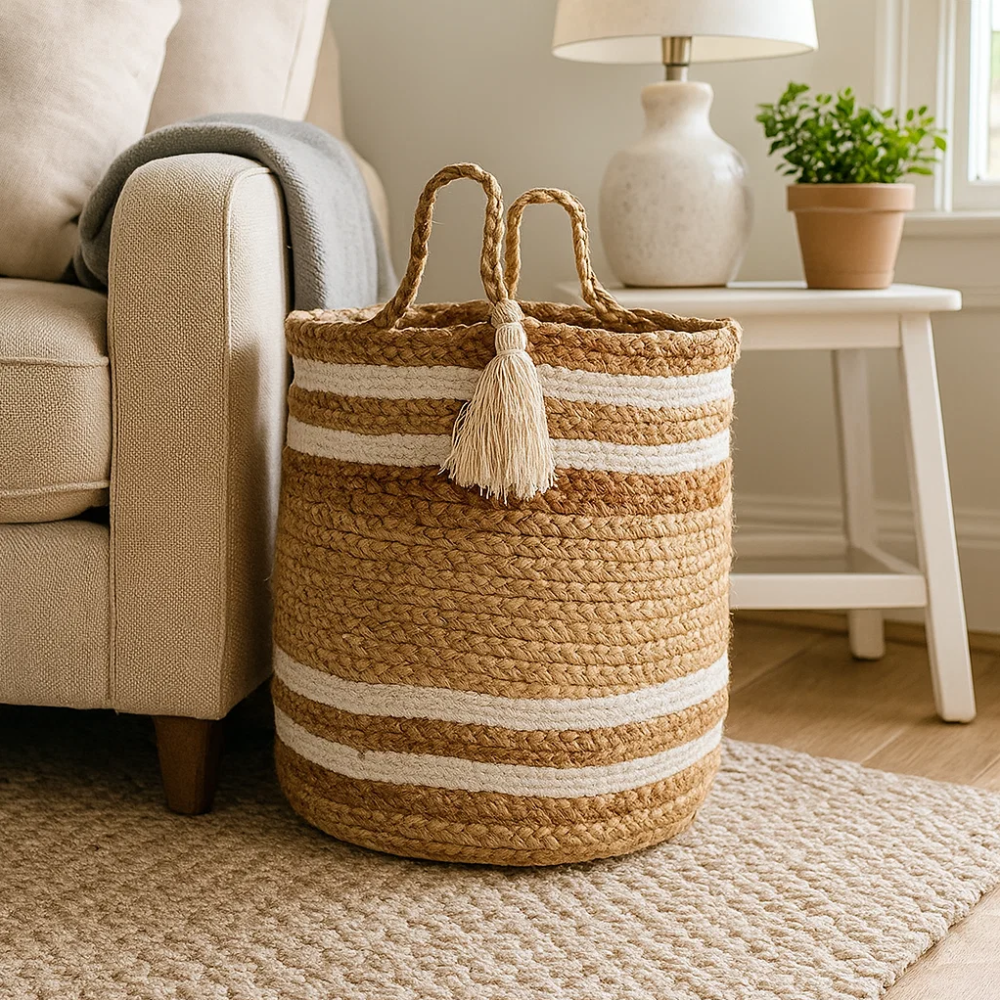 Handmade Jute Storage Basket with White Stripes – Eco-Friendly Cotton & Jute Basket for Storage