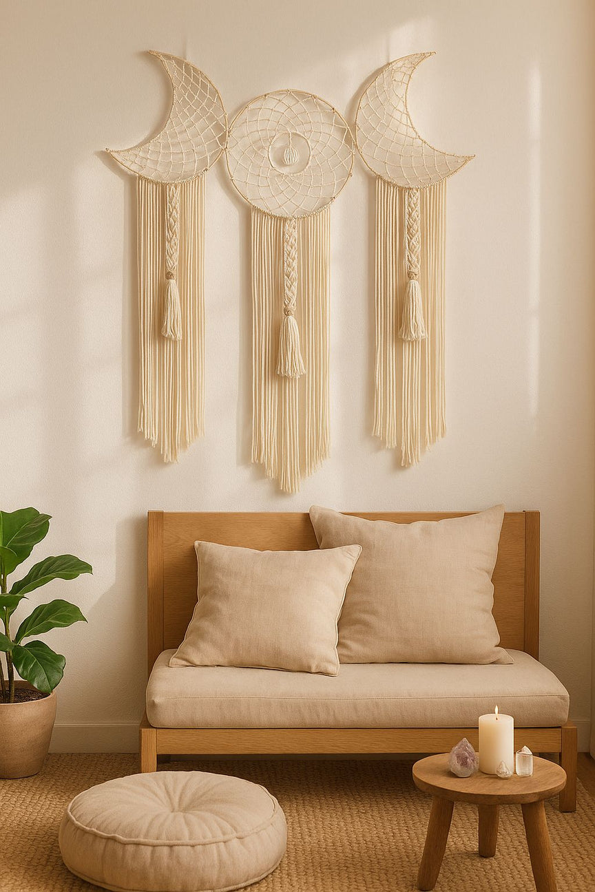 Celestial moon phase macrame wall decor – cream cotton boho wall hanging for bedroom, meditation corner, or entryway

