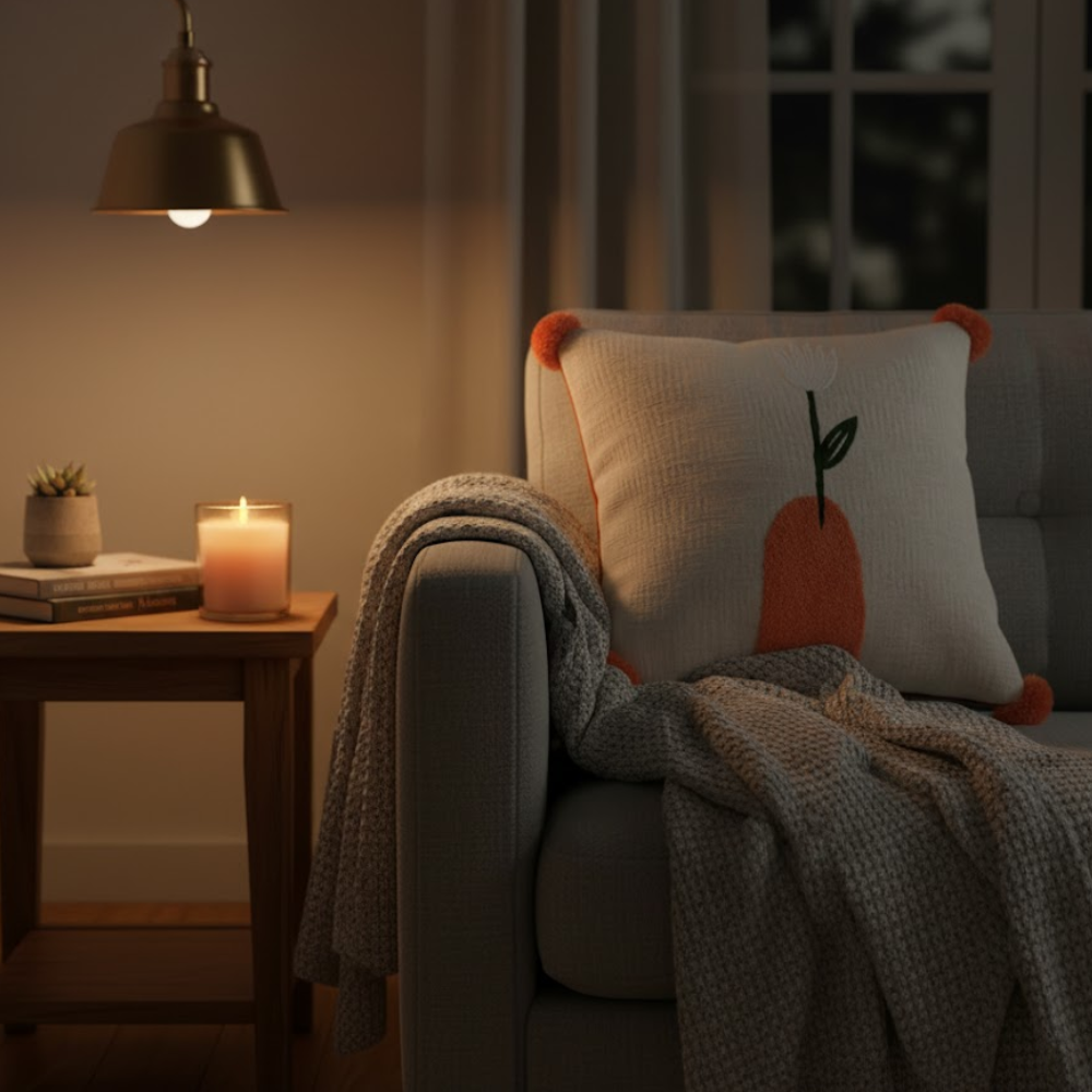 Embroidered Tropical Tulip Pom-Pom Cotton Cushion Cover – Handcrafted Sofa Cushion Cover with Embroidery