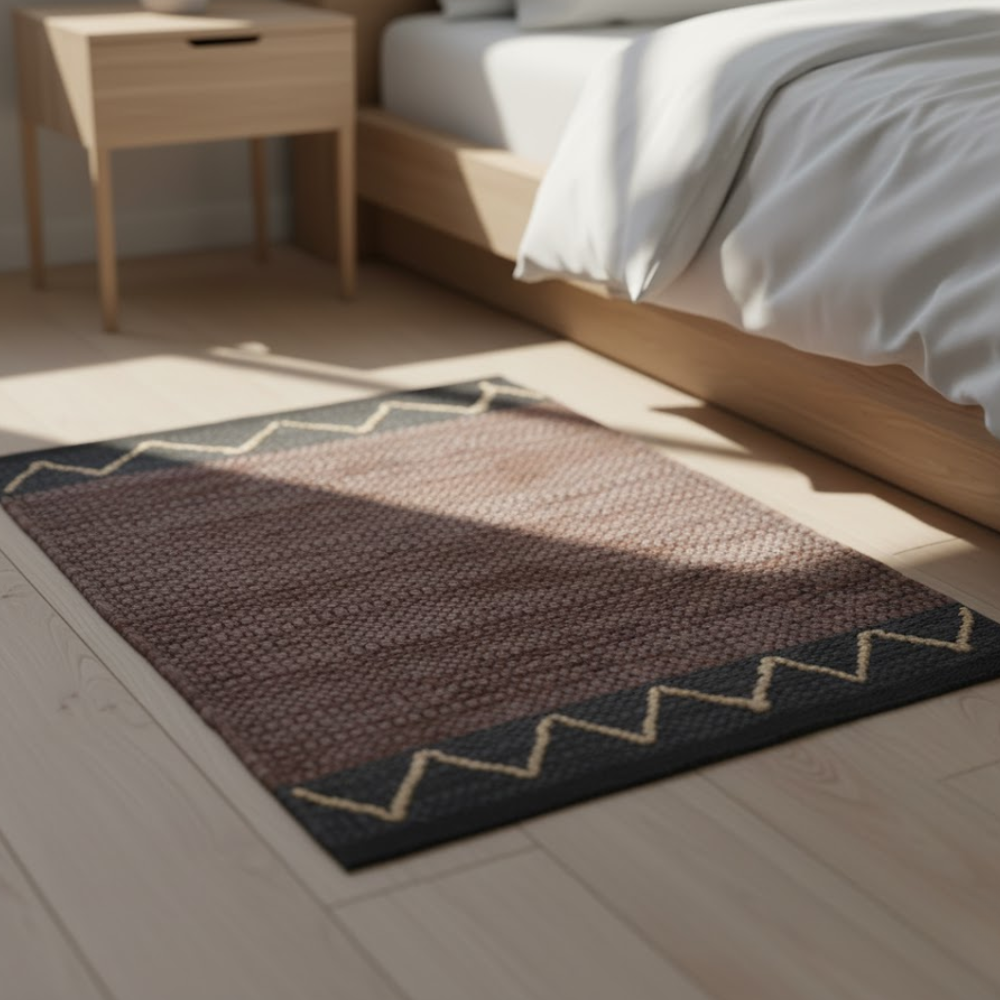 Handwoven Cotton Abstract Brown Durry – Artisan Chevron & Stripe Rug in Leather, Jute & Cotton