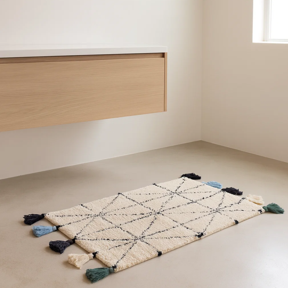 Tufted & Tasseled Geometric Cotton Bath Mat – Handwoven