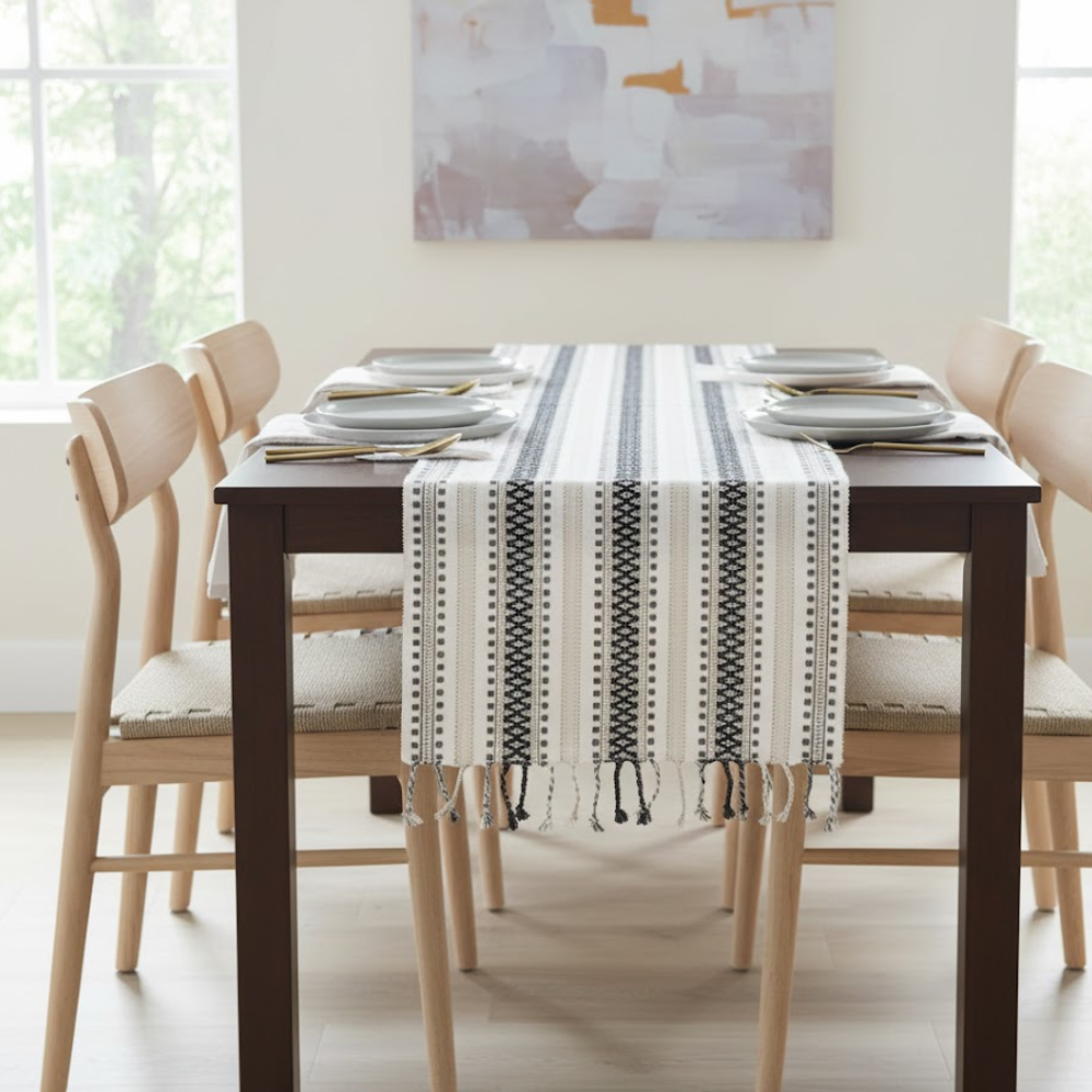 YarDyed Cotton Panelled Table Runner with Braided Tassels – Handwoven 100% Cotton Dining Table Runner