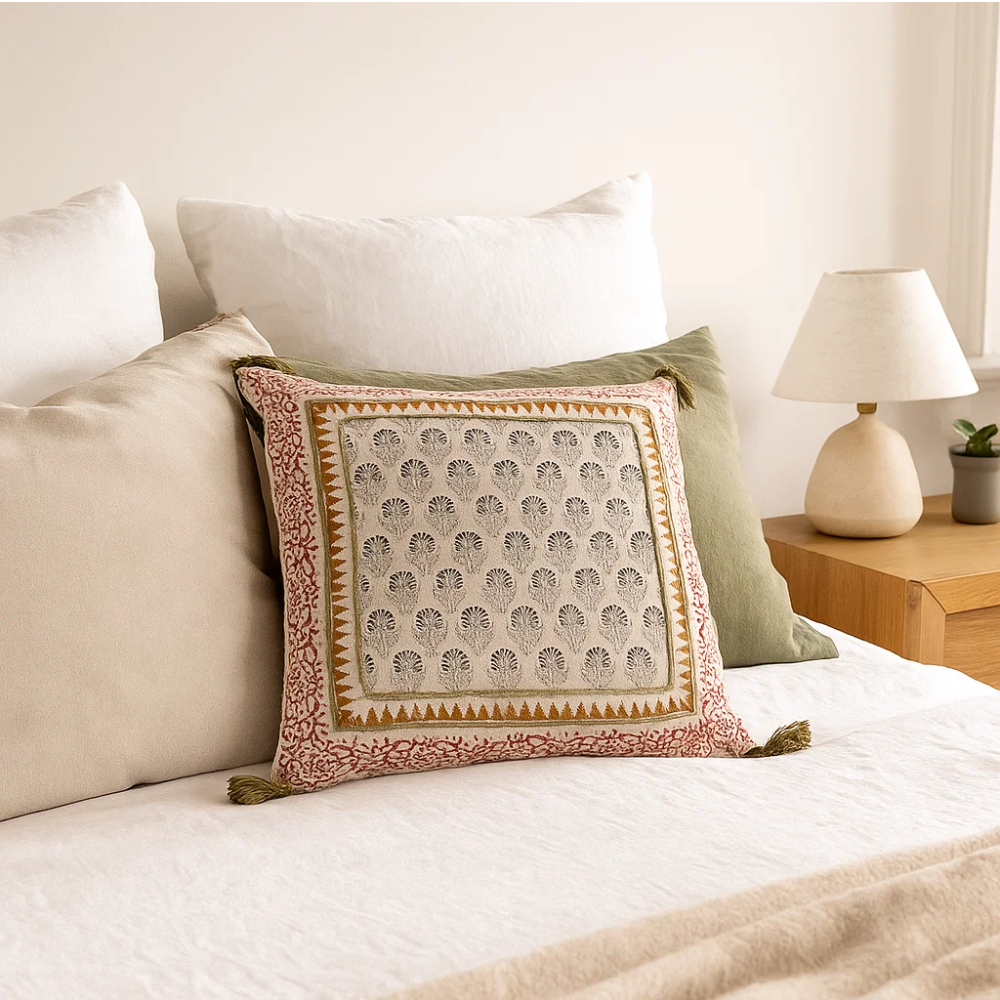 Block Printed Floral Tasseled Cotton Cushion Cover – Handcrafted Embroidered Cushion Cover
