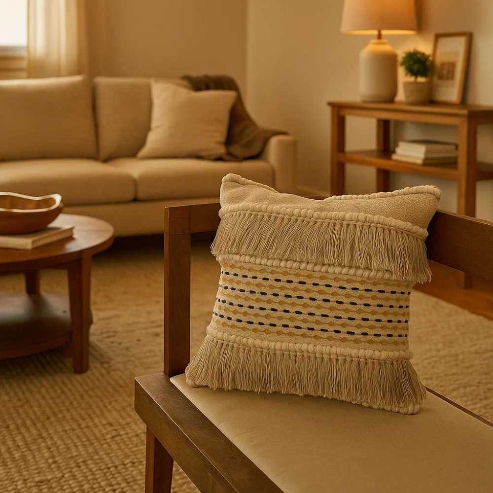 Muted Fringed Cotton Cushion Cover – Handwoven White Sofa Cushion Cover with Concealed Zip