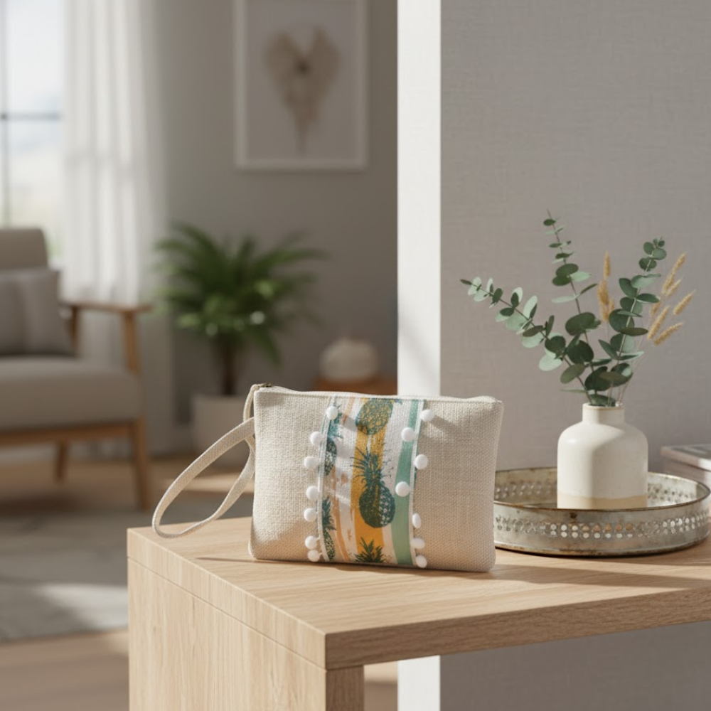 Pompom-Lined Tropical Jute Wristlet