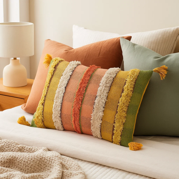 Tufted Striped Cushion Cover | Hand Tasseled Cotton Boho Decor