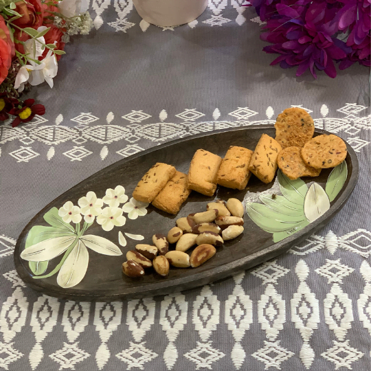 Enameled Floral Magnolia Wooden Serving Platter