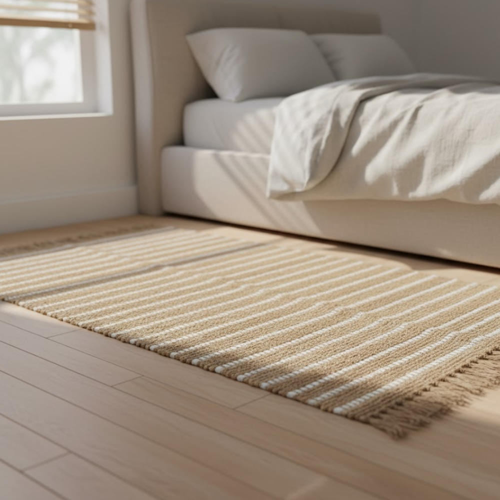 Handwoven Sandy Jute Striped Fringe Rug – Artisan Boho Rug with Rug Fringe Detailing
