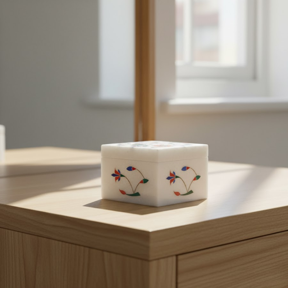 Inlaid Semi-Precious Stone & Marble Square Jewelry Box