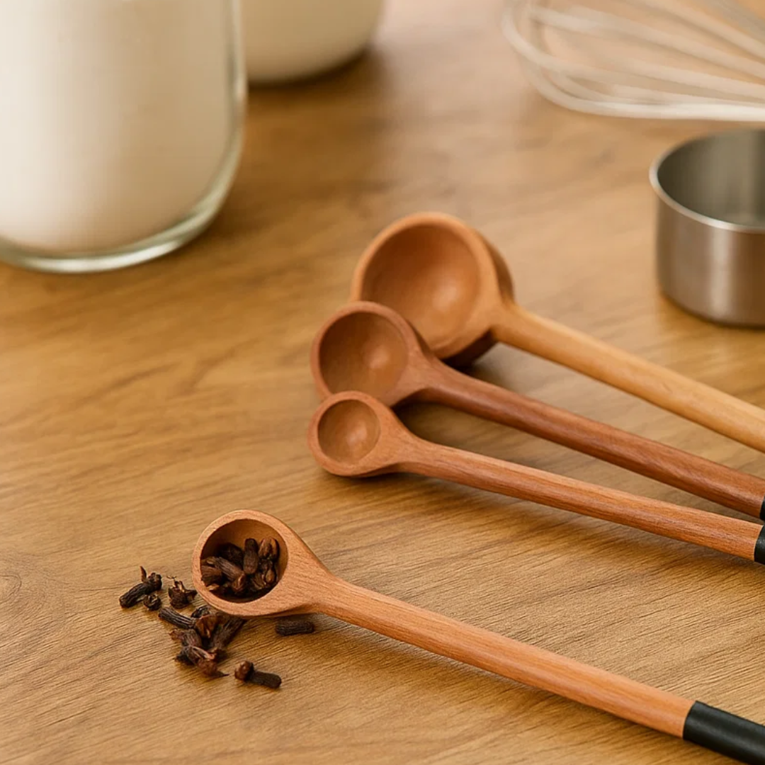Hand Carved Neem Wood Black Measuring Spoons (Set of 4)