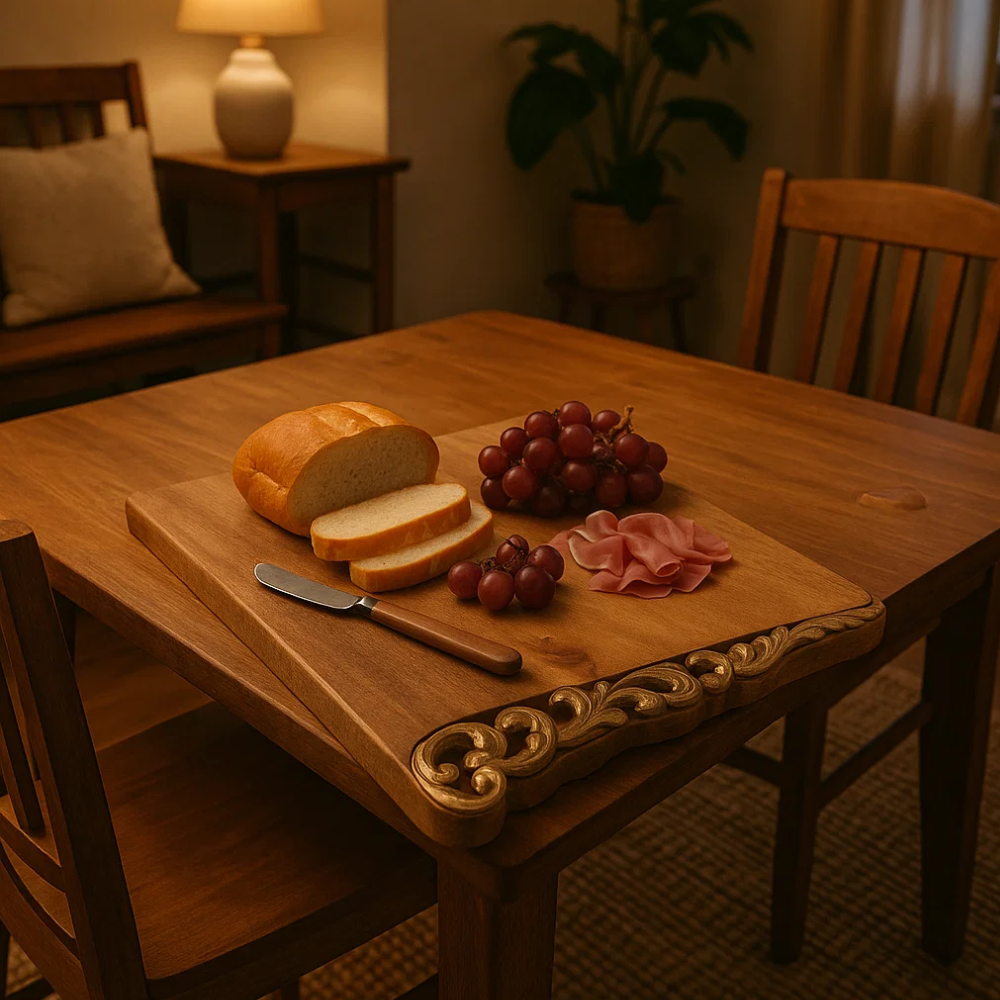 Hand Carved Golden Border Chopping Board – Artisan Wooden Kitchen Board with Decorative Gold Detailing