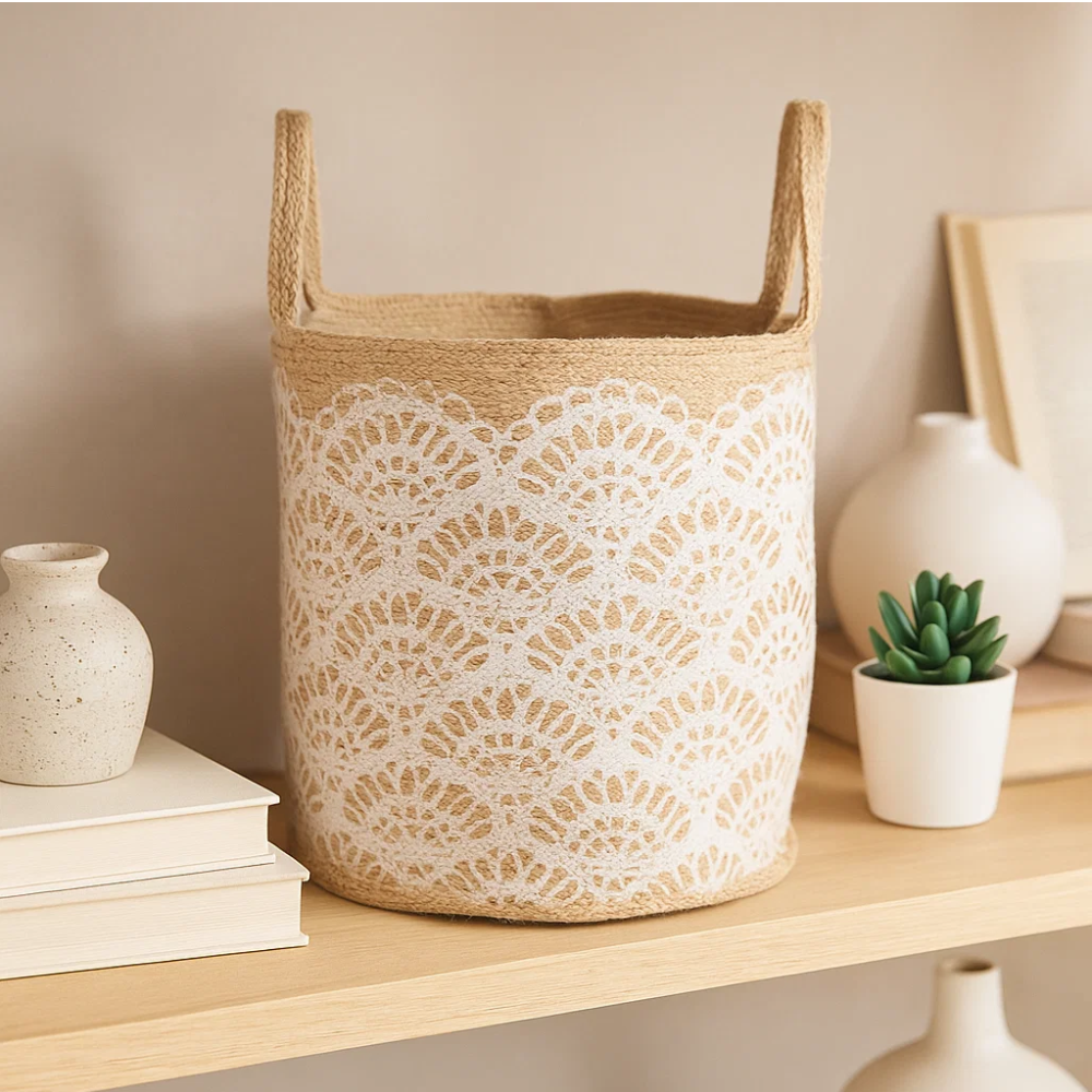 Handwoven Floral Printed Jute Basket for Storage & Décor