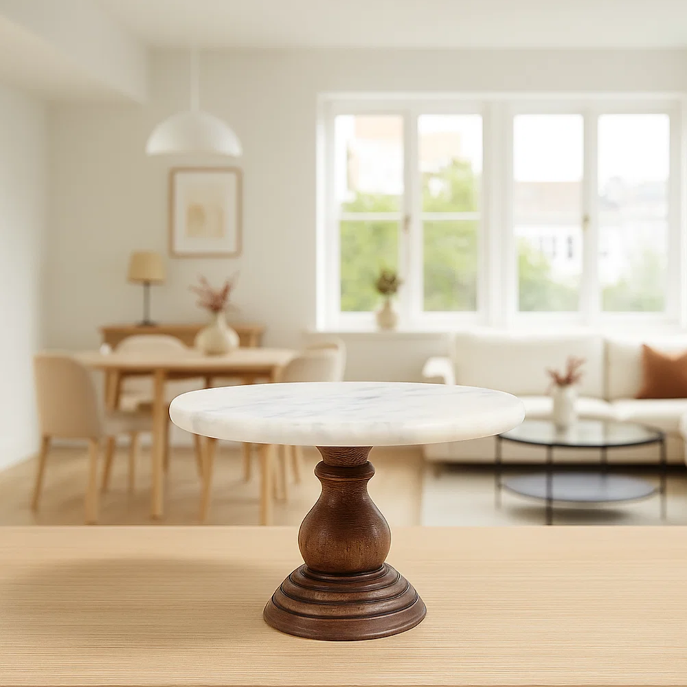 White Marble Cake Stand with Mango Wood Base – Handcrafted Luxury Serveware for Cakes & Desserts