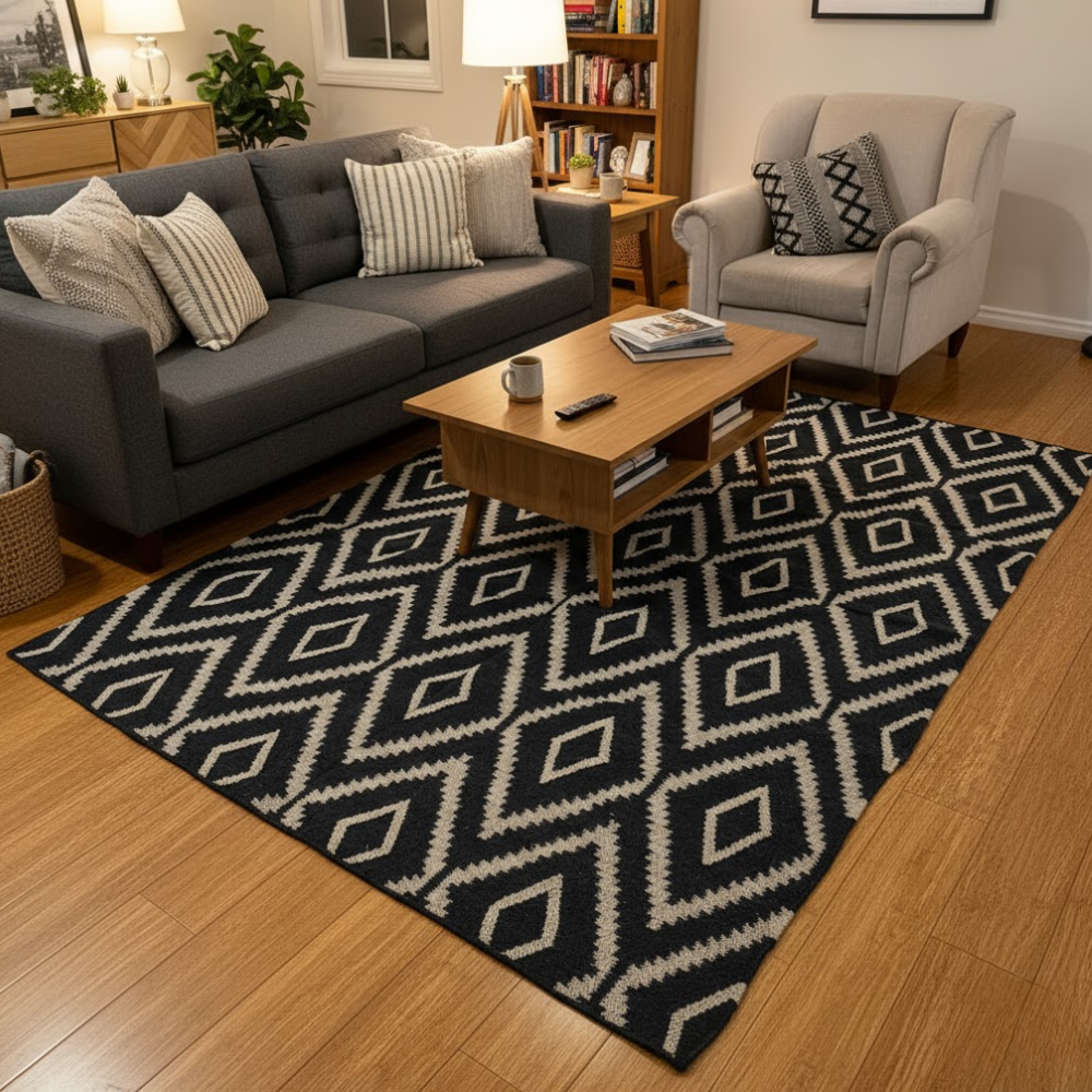 Handwoven Cotton & Jute Diamond Monochrome Rug