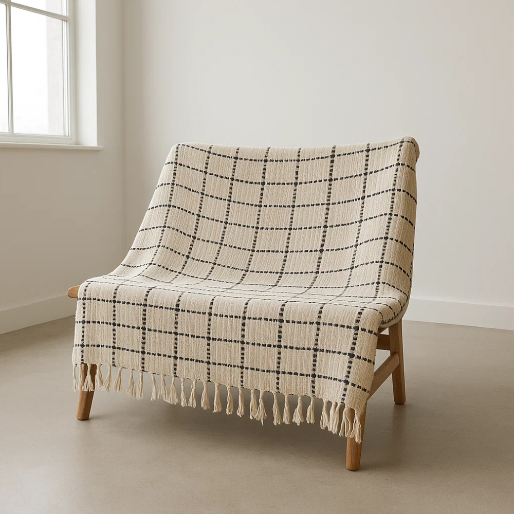 Neutral Checkered Cotton Throw with Tassels – Handwoven