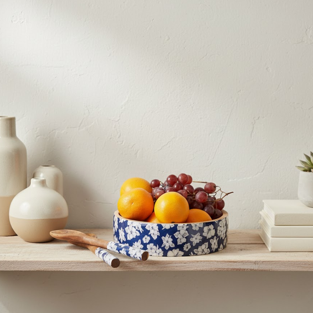Hibiscus Enamelled Bowl & Servers Set – Handcrafted Mango Wood Salad Bowl with Serving Spoons