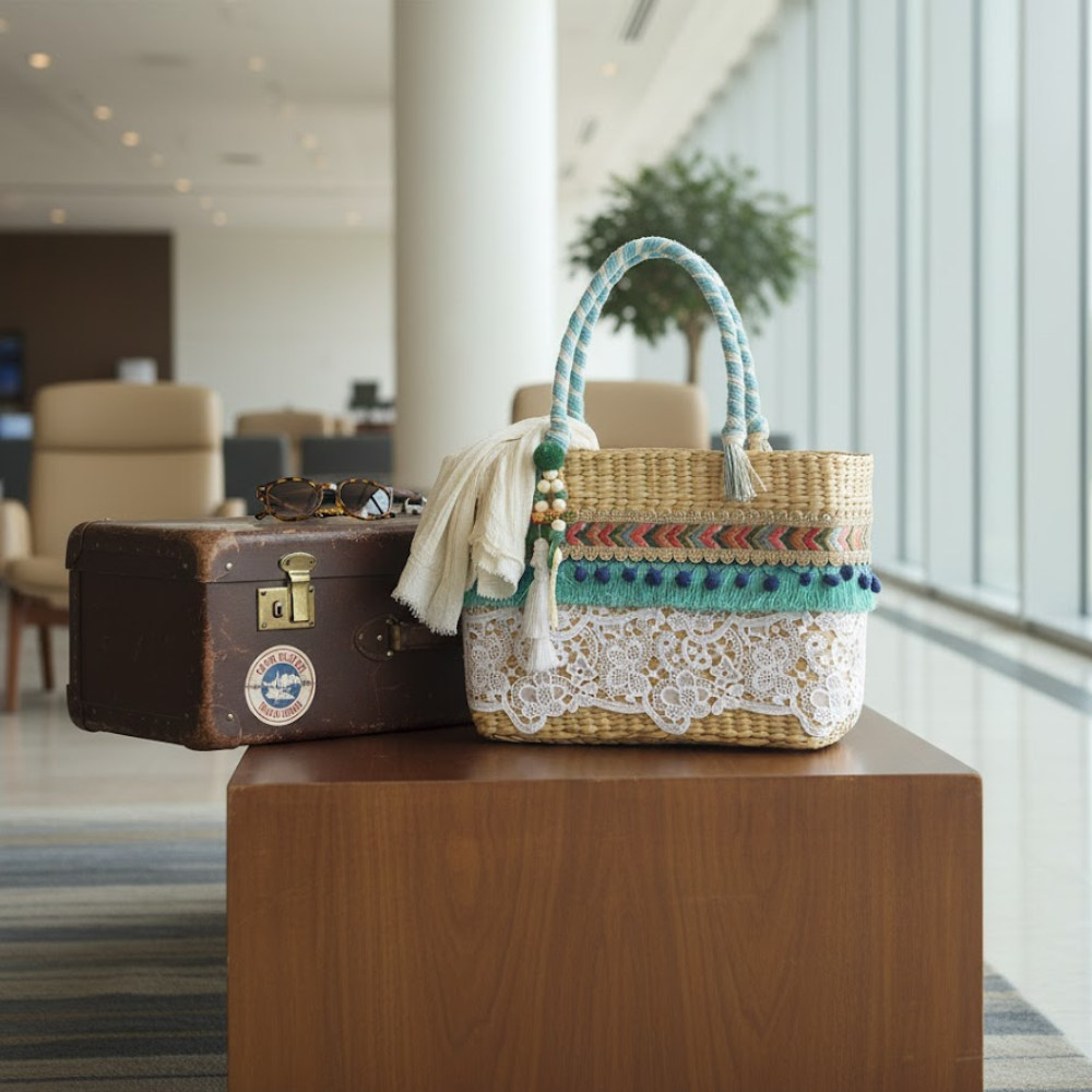 Lace Work Basket Woven Cane Turquoise Handbag – Handcrafted Eco-Friendly Cane Basket Bag