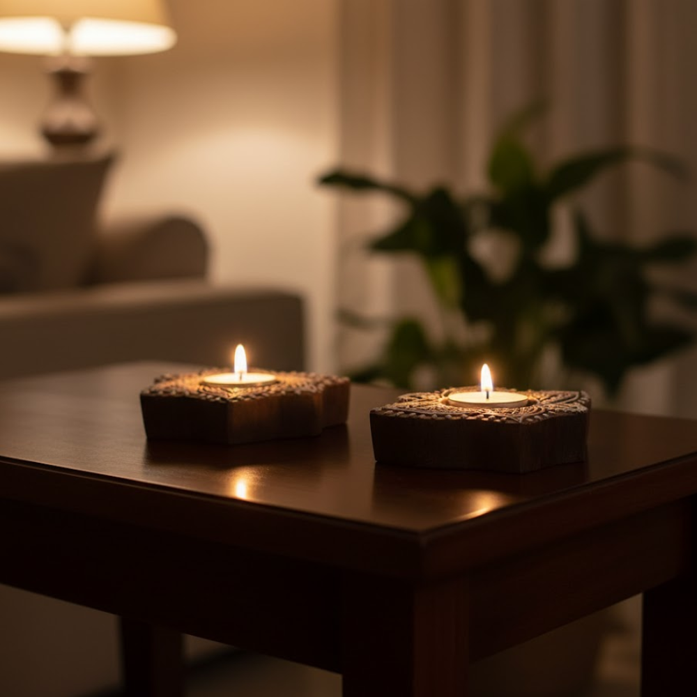 Hand Carved Wooden Lotus Tealight Holders (Set of 2) – Artisan Wooden Candle Holders with Tribal-Inspired Lotus Design