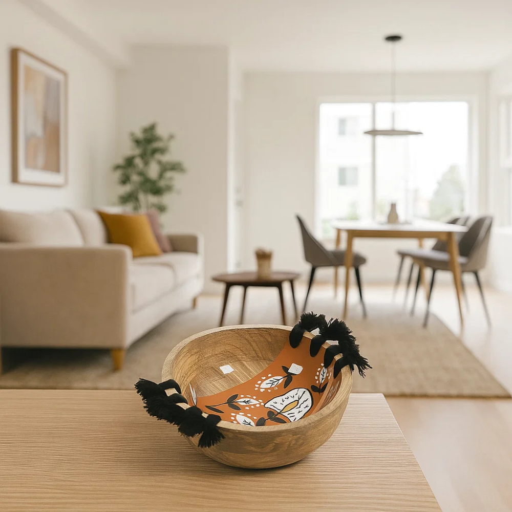 Enamelled Floral Tasseled Wooden Serving Bowl