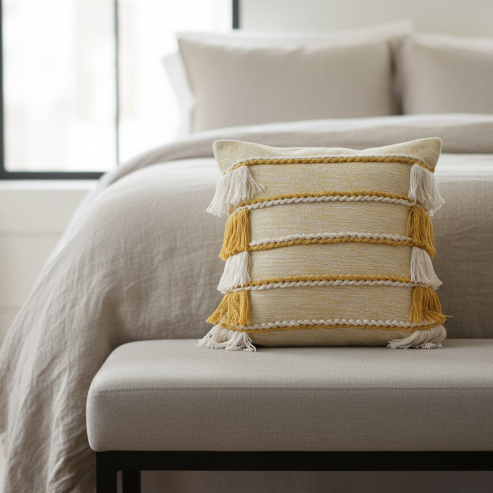 Woven Fringed Cotton Cushion Cover – Handwoven Yellow Sofa Cushion Cover with Concealed Zip