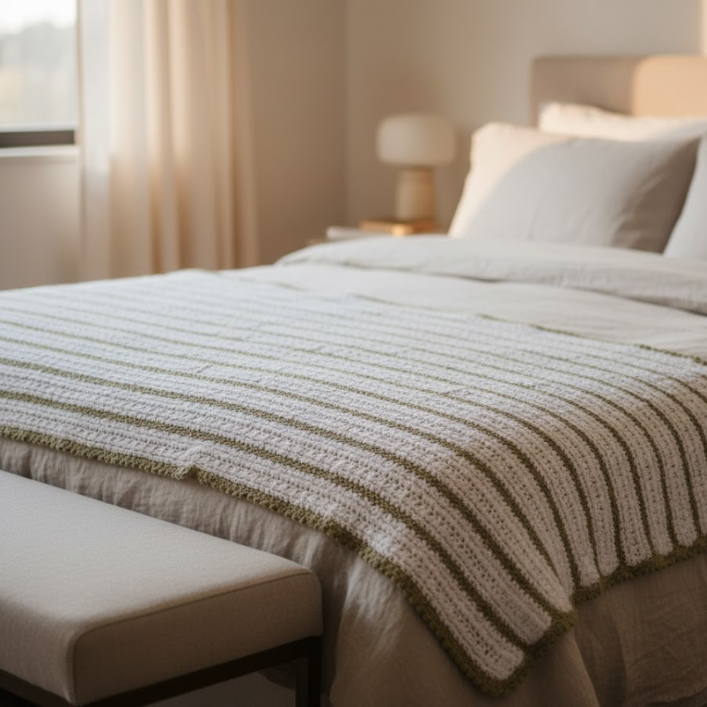 Striped Crochet Throw – Handmade White Cotton Comfort