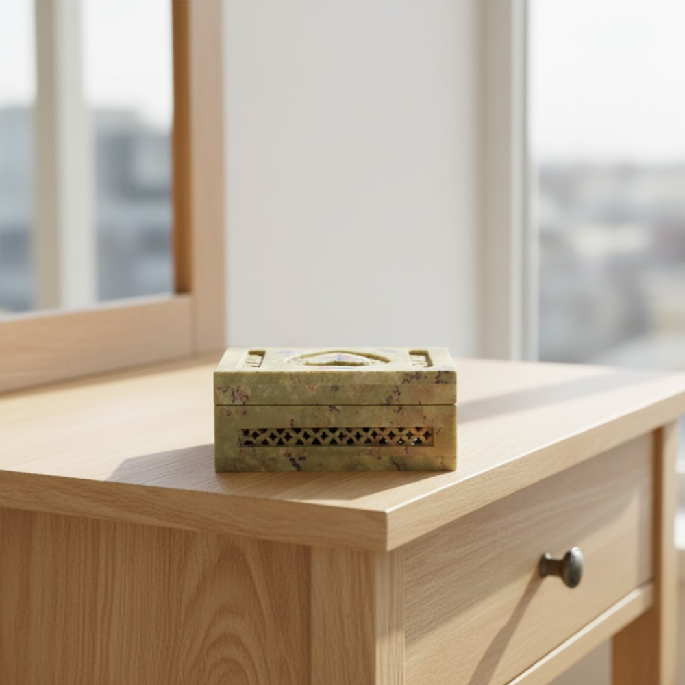 Soapstone Jewelry Box – Hand-Inlaid Semi-Precious Stones