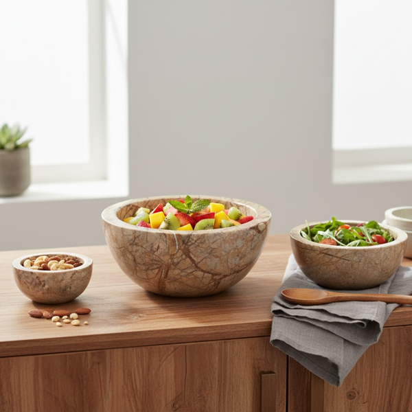 Marble Bowls Set | Turned Classic Round Set of 3 Serving