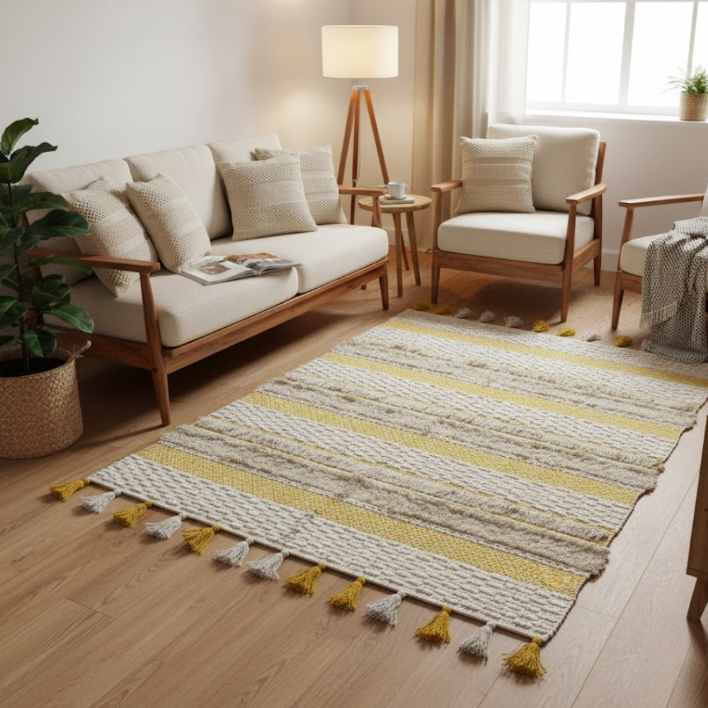 Handwoven & Tufted Tuscan Rug – Artisan Cotton Rug with Jacquard Weave, Tufts & Tassels