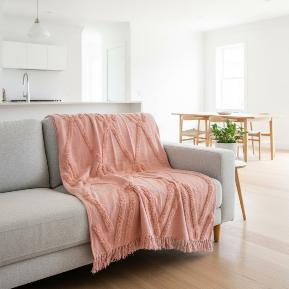 Chunky Pastel Cotton Tasseled Throw – Handwoven Artisan Cotton Throw with Tufts & Tassels