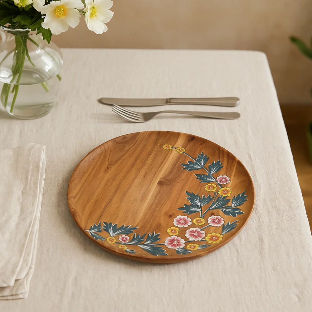 Floral Hand Printed Acacia Wood Plate