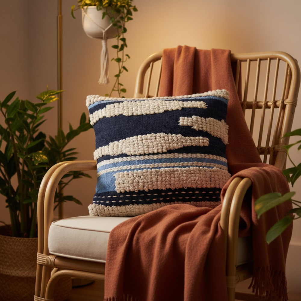 Woven Aqua Cushion Cover with Tufts – Handwoven Cotton Cushion Cover with Chunky Tufts