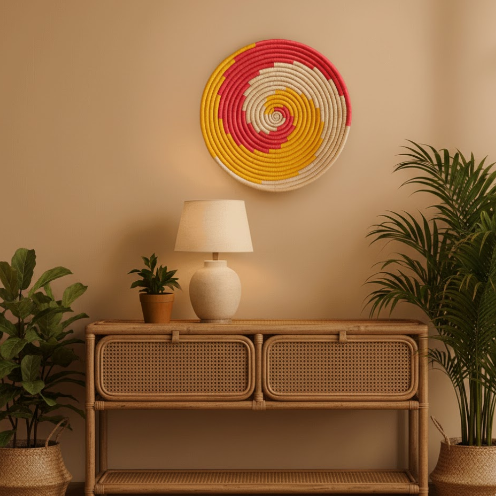 Spiral Pop Tribal Wall Plate – Handcrafted Boho Wall Décor in Black, White & Terracotta