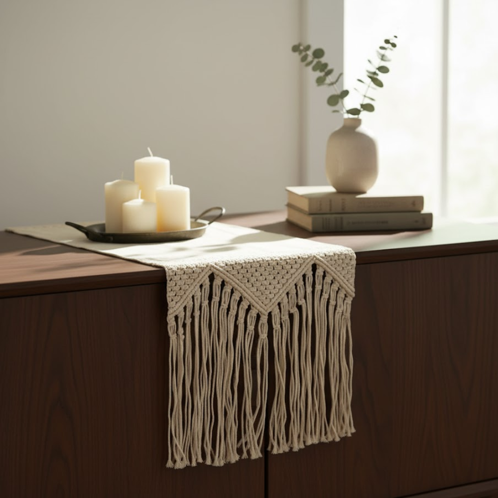 Border Macrame Fringed Off-White Table Runner
