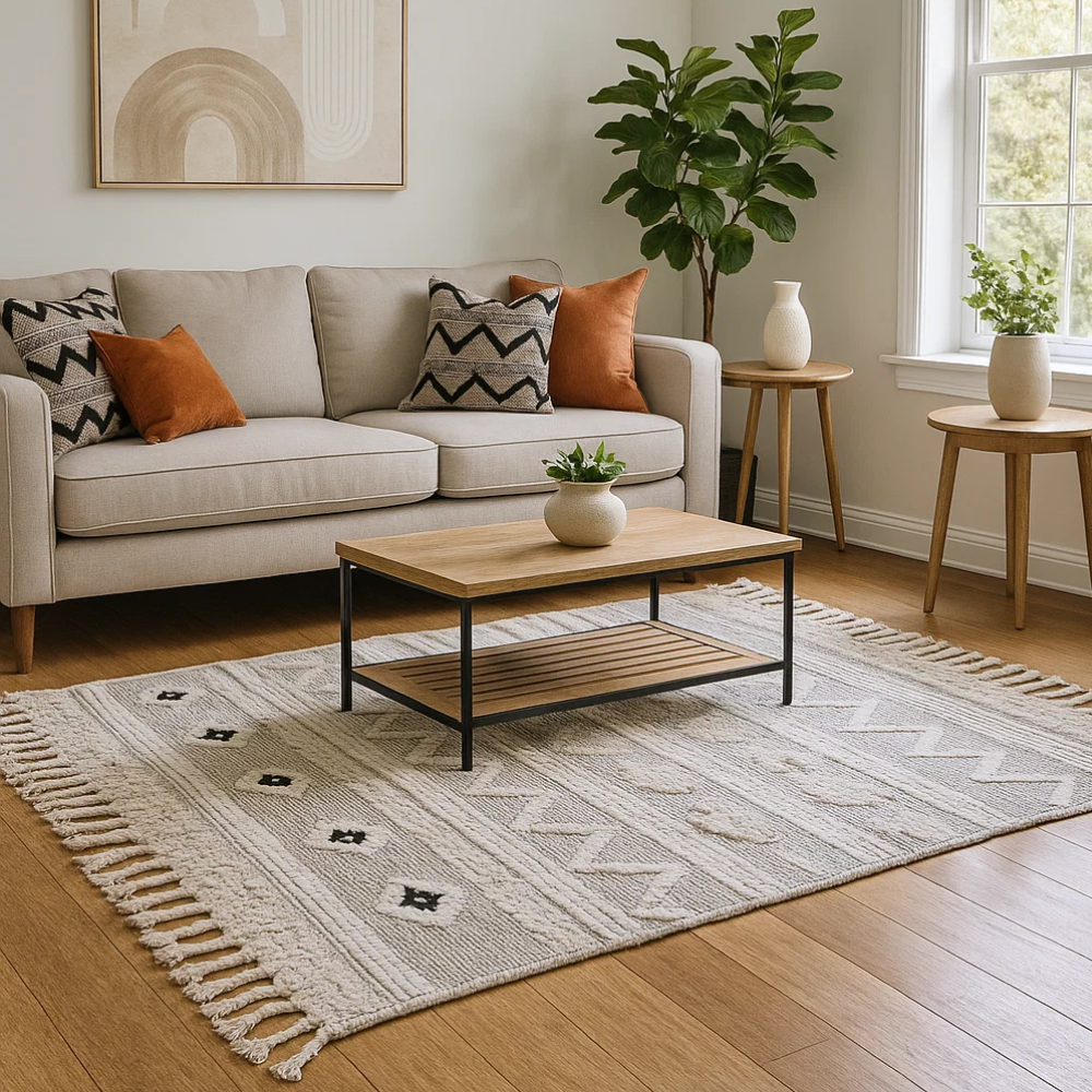 Textured Rug with Panels & Braided Tassels – Handwoven Cotton Rug