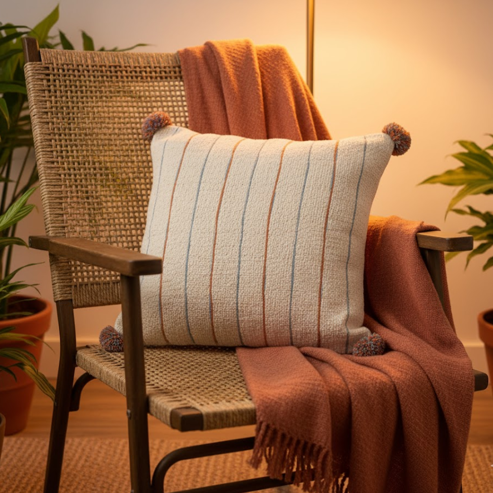 Line & Pom Pom Accent Cotton Cushion Cover – Handwoven Sofa Cushion Cover with Concealed Zip